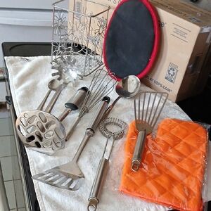 Stainless Steel Utensil Set with Orange Mitt